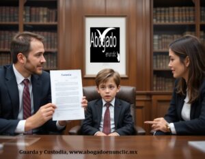 Padres discutiendo la custodia de su hijo con un abogado en un despacho legal.