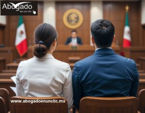 Pareja esperando proceso de divorcio en juzgado familiar en México