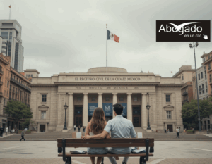 “Pareja reflexionando sobre su divorcio frente al Registro Civil en Ciudad de México”