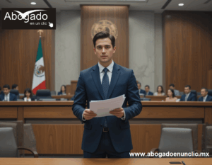 Abogado litigante presentando argumentos ante un juez en un tribunal mexicano moderno