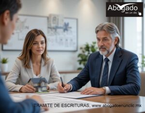 Persona firmando documentos para escriturar su propiedad legalmente con apoyo de un abogado.