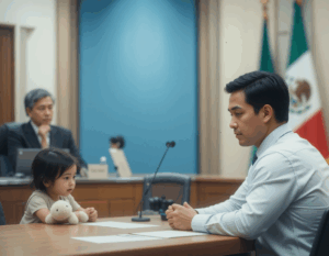 Padres en audiencia de custodia y pensión alimenticia en CDMX con presencia del juez y un niño pequeño