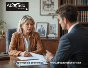 Consulta legal sobre juicio de dependencia económica entre mujer y abogado en oficina.