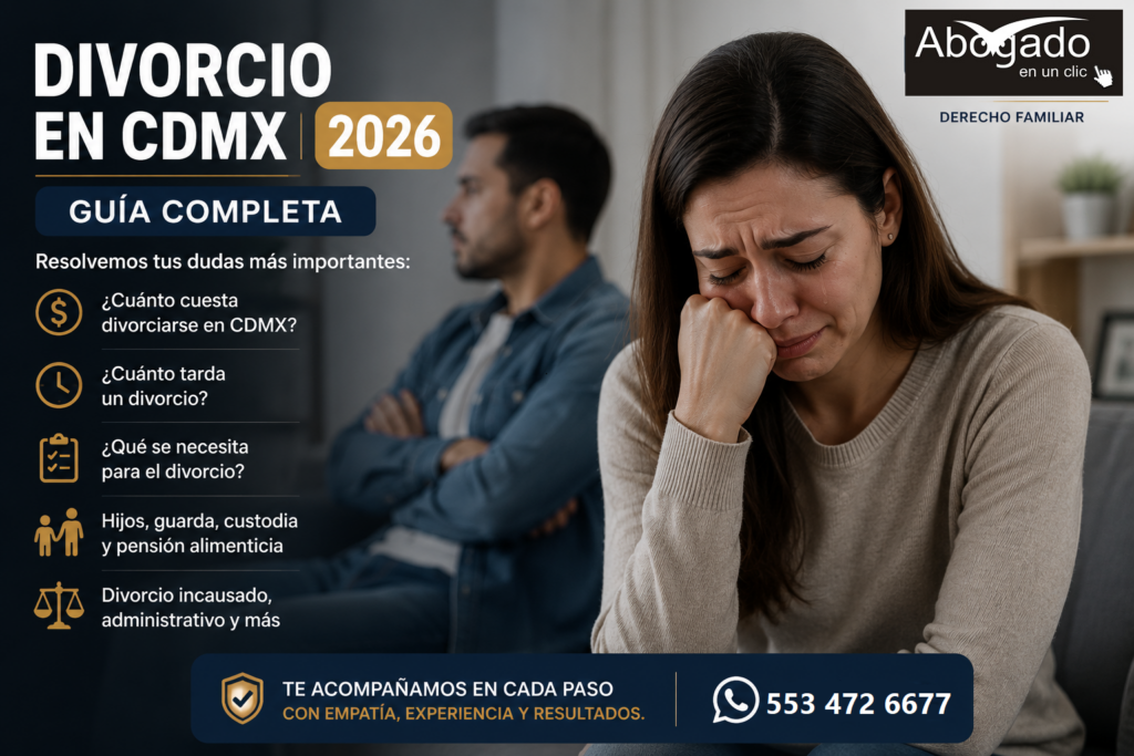 Mujer llorando en primer plano durante un divorcio en CDMX mientras su esposo aparece distante al fondo en un ambiente tenso y emocional.