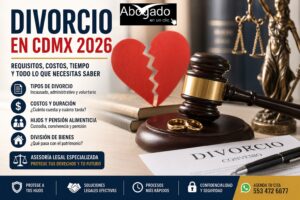 Abogado especializado en divorcio en CDMX 2026 explicando requisitos, costos, pensión alimenticia, custodia de hijos y división de bienes durante un proceso de divorcio.