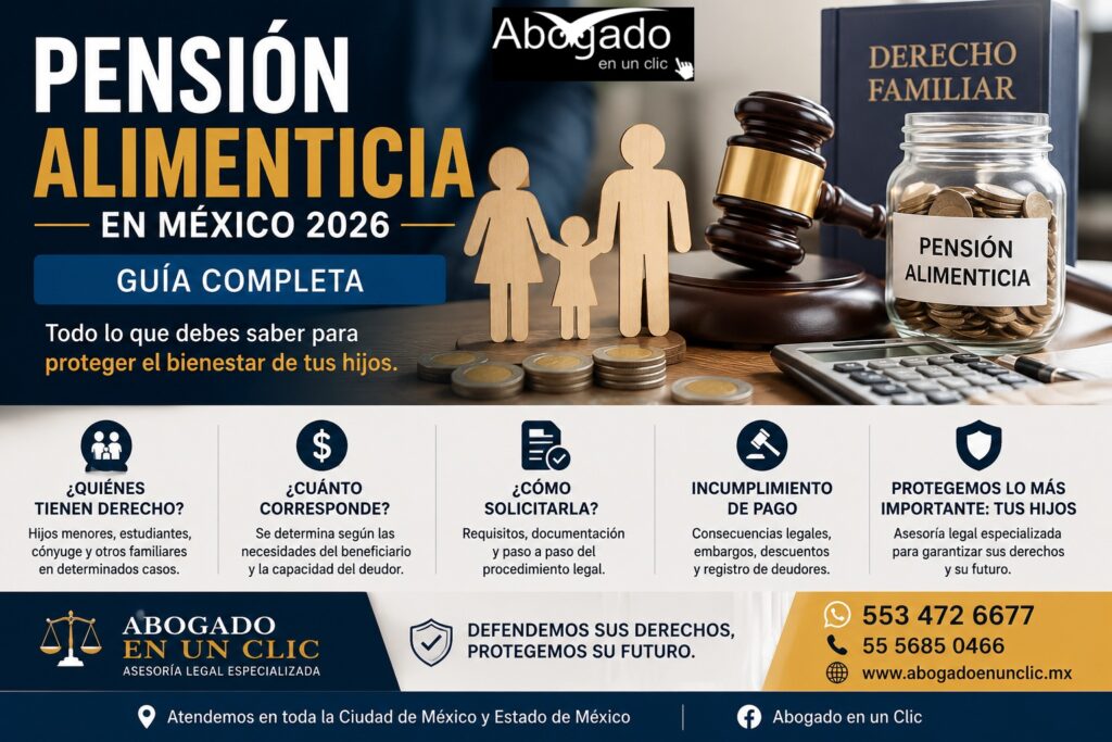 Pensión alimenticia en México 2026. Imagen ilustrativa sobre derechos de los hijos, cálculo de pensión alimenticia, procedimiento legal, incumplimiento de pago y asesoría jurídica especializada.