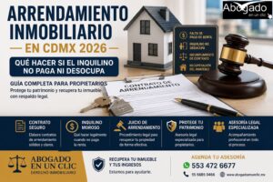 Arrendamiento inmobiliario en CDMX 2026. Imagen sobre recuperación de inmuebles, inquilinos morosos, contratos de arrendamiento, juicio de desocupación y asesoría legal para propietarios.