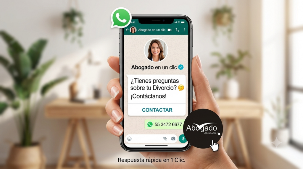 Imagen de primer plano de un smartphone mostrando un botón de WhatsApp para contactar a Abogado en un clic y el texto "¿Tienes preguntas? 🤔 ¡Contáctanos!", con el logo del despacho en la esquina.