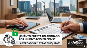 Imagen destacada que muestra una tableta con el sitio web de Abogado en un clic y el texto "SIN LETRAS CHIQUITAS: COSTOS REALES DE DIVORCIO" sobre un documento legal transparente en CDMX.