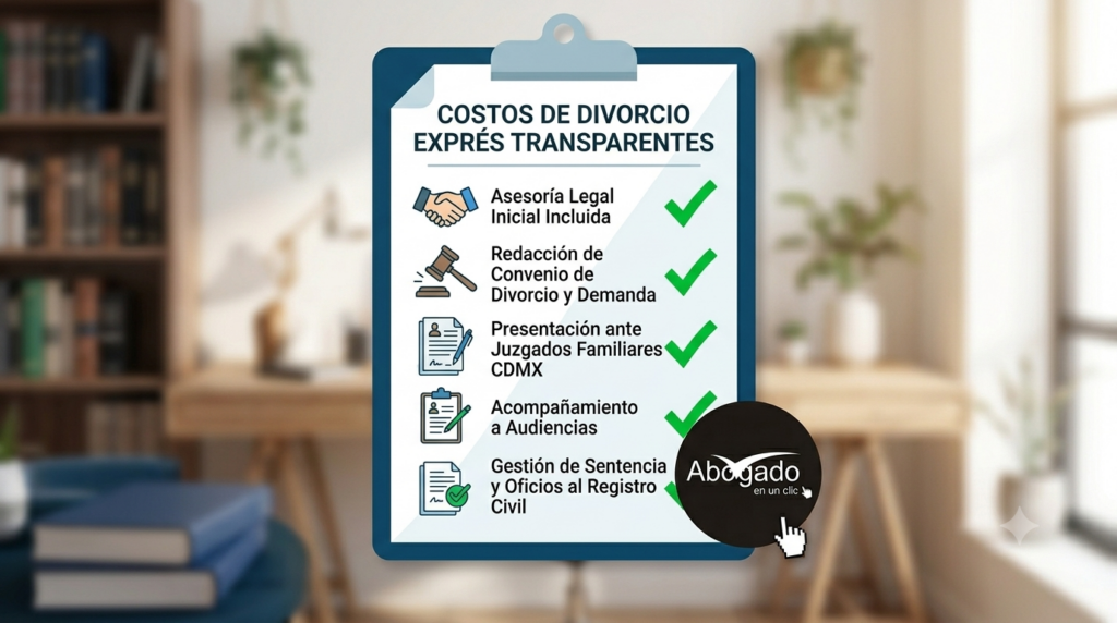 Infografía tipo checklist de Abogado en un clic que detalla los servicios transparentes incluidos en un divorcio exprés en CDMX: Asesoría, Demanda, Audiencias y Sentencia, con palomitas verdes de verificado.